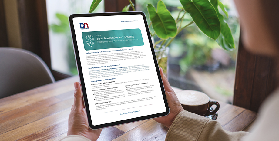 Man holding tablet displaying ATM Availability and Security Europe Package Product Card