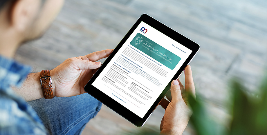 Man holding tablet displaying ATM Availability and Security North America Package Product Card