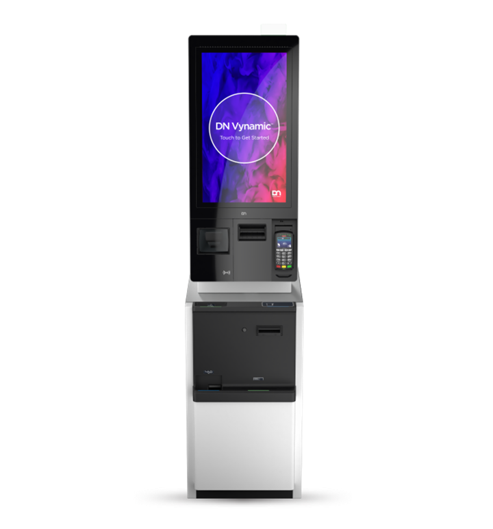 The Diebold Nixdorf EASY Express Max self-service kiosk with 27 inch interactive touchscreen against a white background