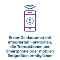 Erster Geldautomat mit integrierten Funktionen, die Transaktionen per Smartphone oder mobilen Endgeräten ermöglichen